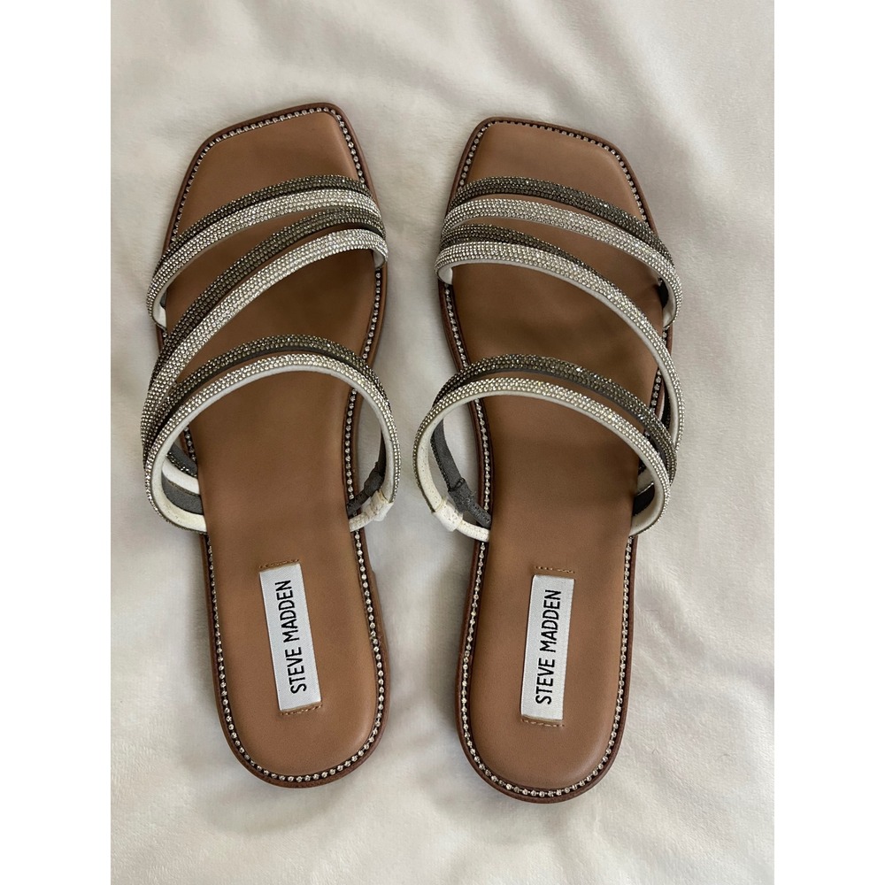 Steve Madden Streaming Rhinestone Slide Sandals Square Toe Tan Silver Gold 10M